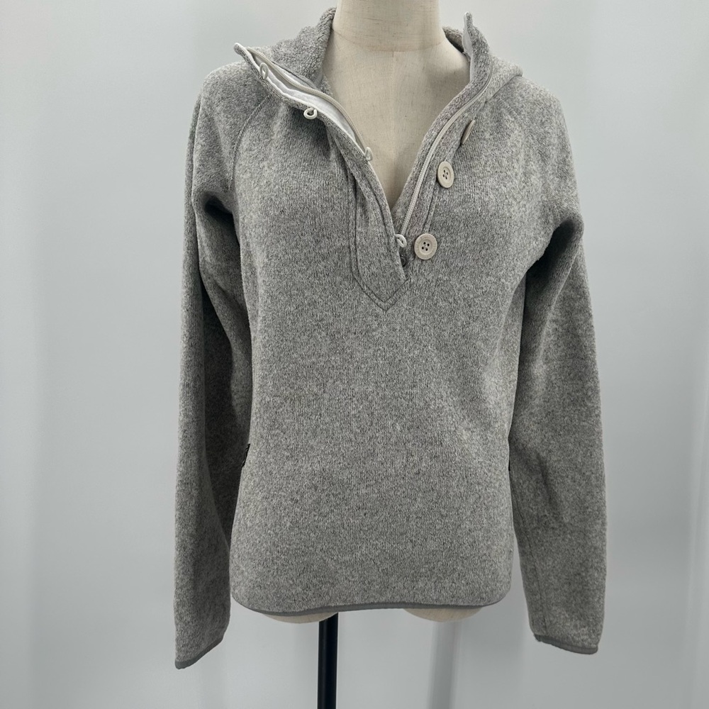 North Face Crescent Sunshine Hooded Sweater Gray VNeck Button Pullover Pockets